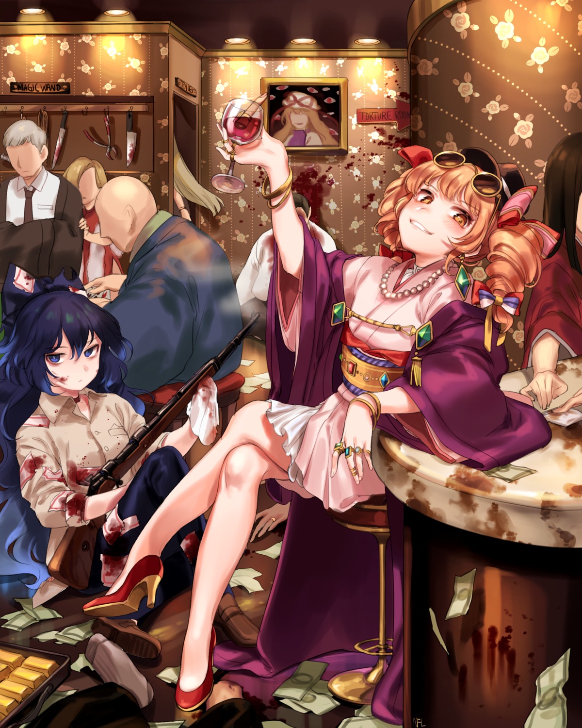 blood, gun, heels, japanese_clothes, megane, shan, touhou, yakumo_yukari