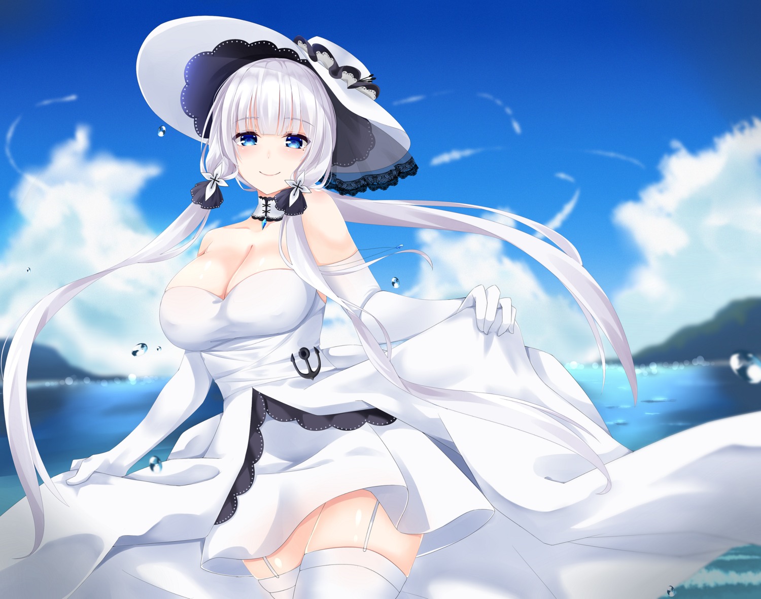 azur_lane, cleavage, dress, illustrious_(azur_lane), skirt_lift, stockings, summer_dress, surota, thighhighs