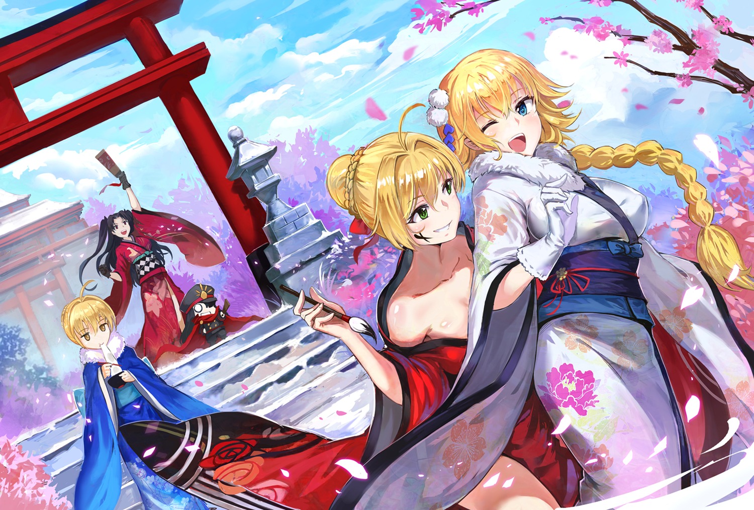 artoria_pendragon_(fate), chibi, fate/grand_order, jeanne_d'arc, jeanne_d'arc_(fate), karasu_kame_ex, kimono, nero_claudius_(fate), oda_nobunaga_(fate), open_shirt, toosaka_rin, uniform
