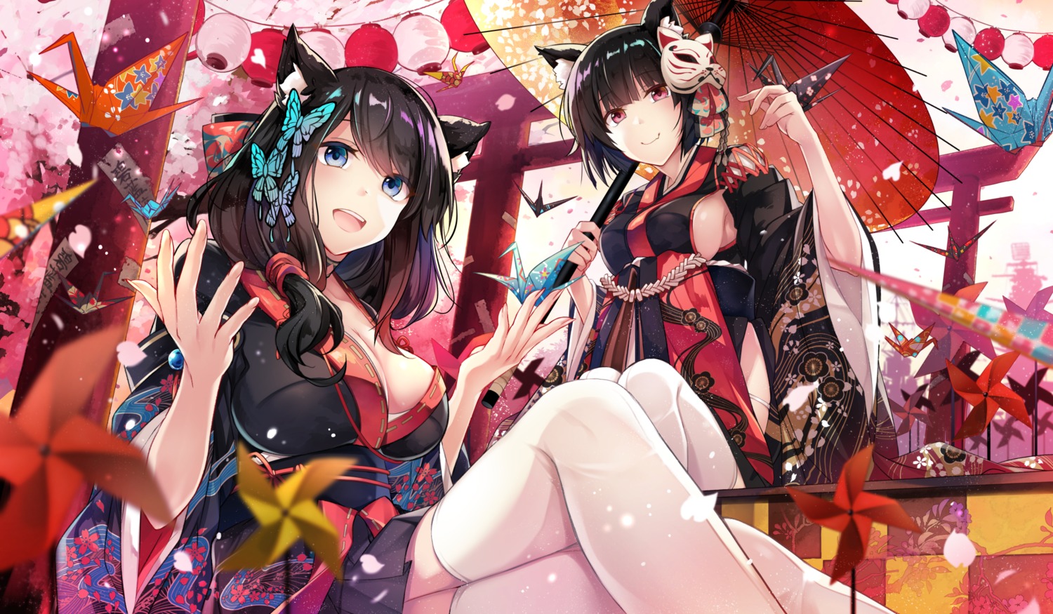 animal_ears, azur_lane, cleavage, fusou_(azur_lane), hirai_yuzuki, japanese_clothes, thighhighs, umbrella, yamashiro_(azur_lane)