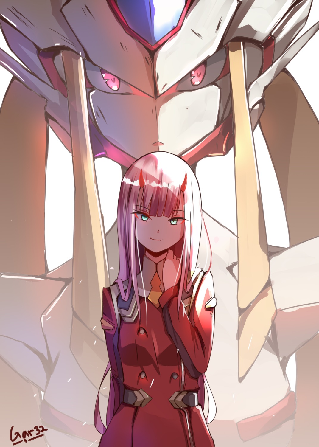 darling_in_the_franxx, gar32, horns, mecha, strelizia, uniform, zero_two_(darling_in_the_franxx)