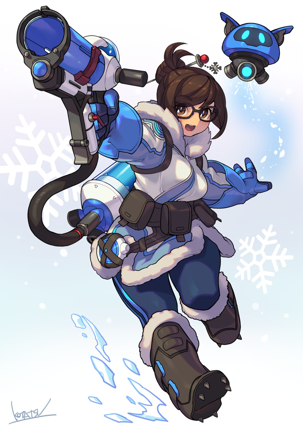 gun, kotatsu_(g-rough), megane, mei_(overwatch), overwatch, snowball_(overwatch)