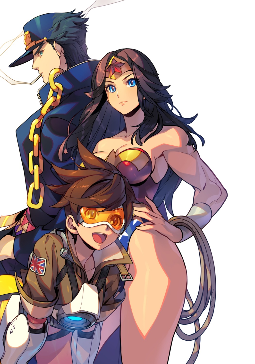 cleavage, crossover, jojo_no_kimyou_na_bouken, jojo_no_kimyou_na_bouken_part_3:_stardust_crusaders, kotatsu_(g-rough), kuujou_joutarou, leotard, overwatch