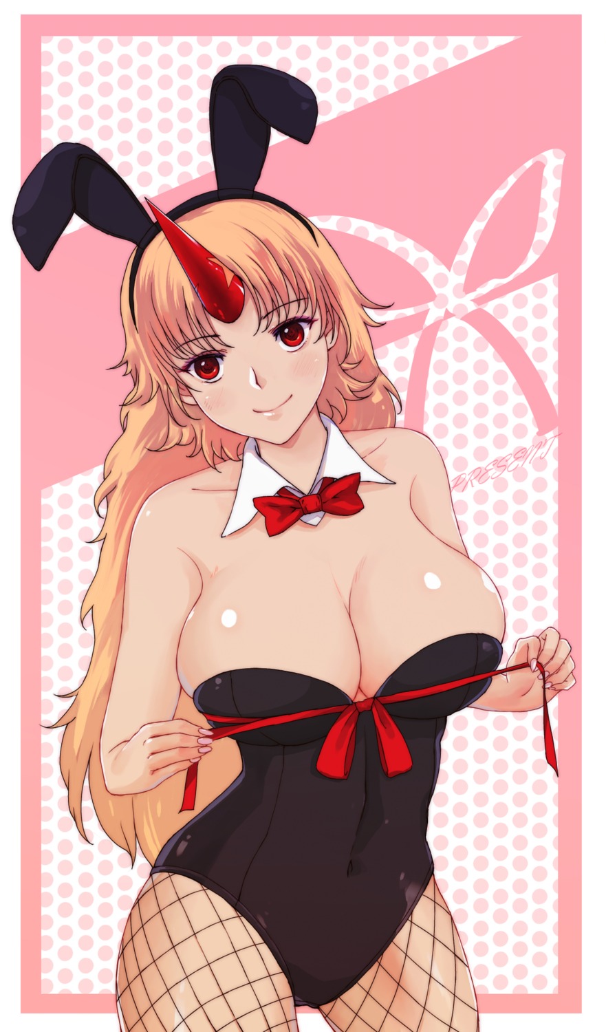 animal_ears, bunny_ears, bunny_girl, cleavage, fishnets, horns, hoshiguma_yuugi, pantyhose