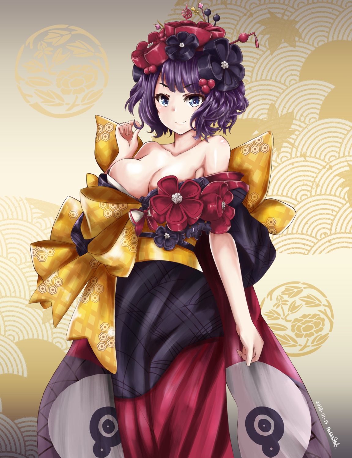 fate/grand_order, hal_nakura, japanese_clothes, katsushika_hokusai_(fate), no_bra, open_shirt
