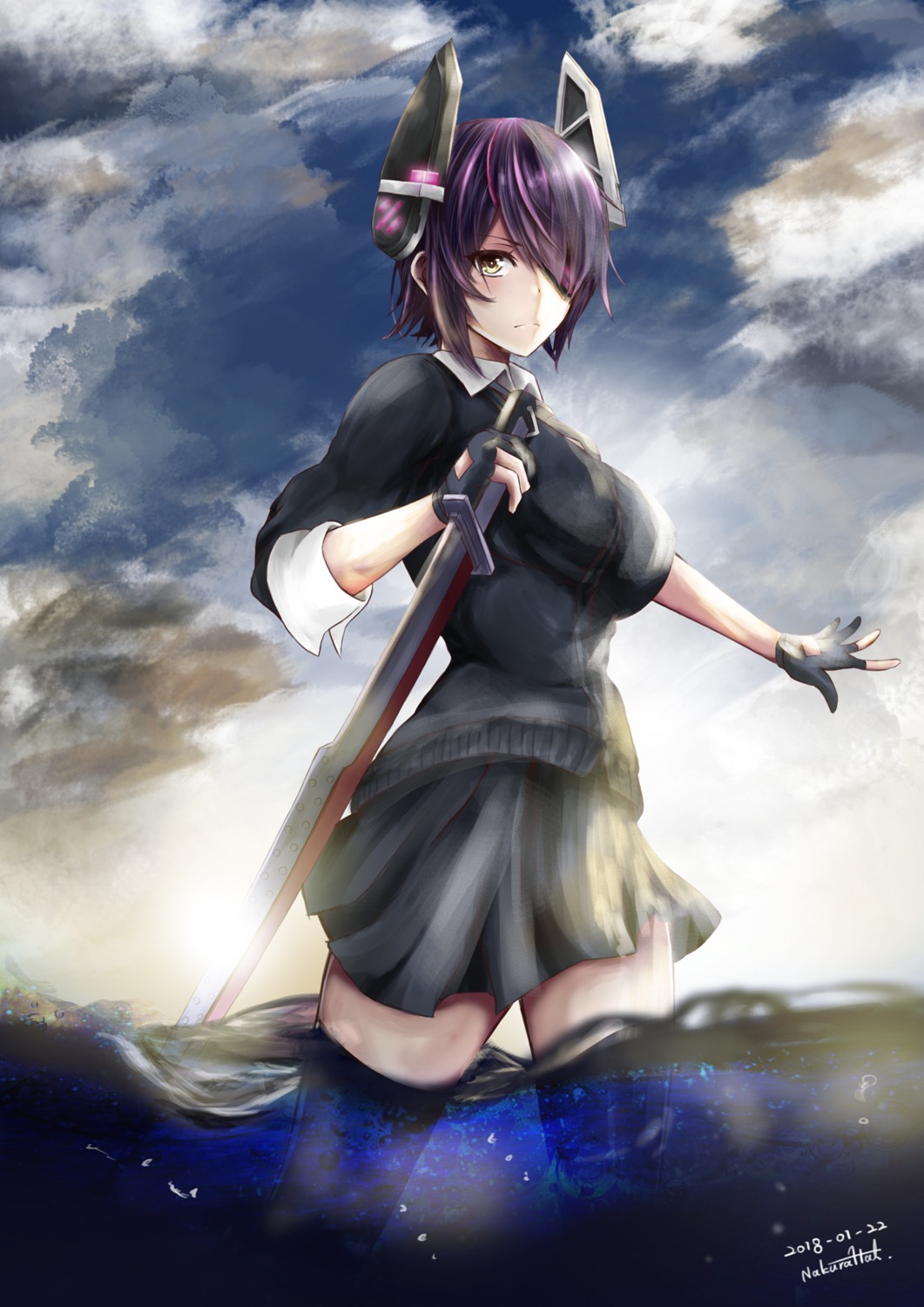 eyepatch, hal_nakura, kantai_collection, sweater, sword, tenryuu_(kancolle), wet