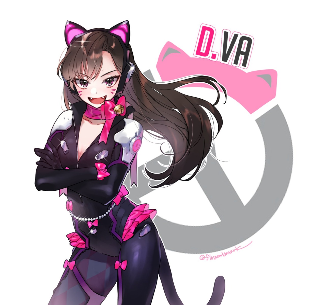 animal_ears, bodysuit, cleavage, d.va, hana_shiori, headphones, overwatch, tail, thighhighs