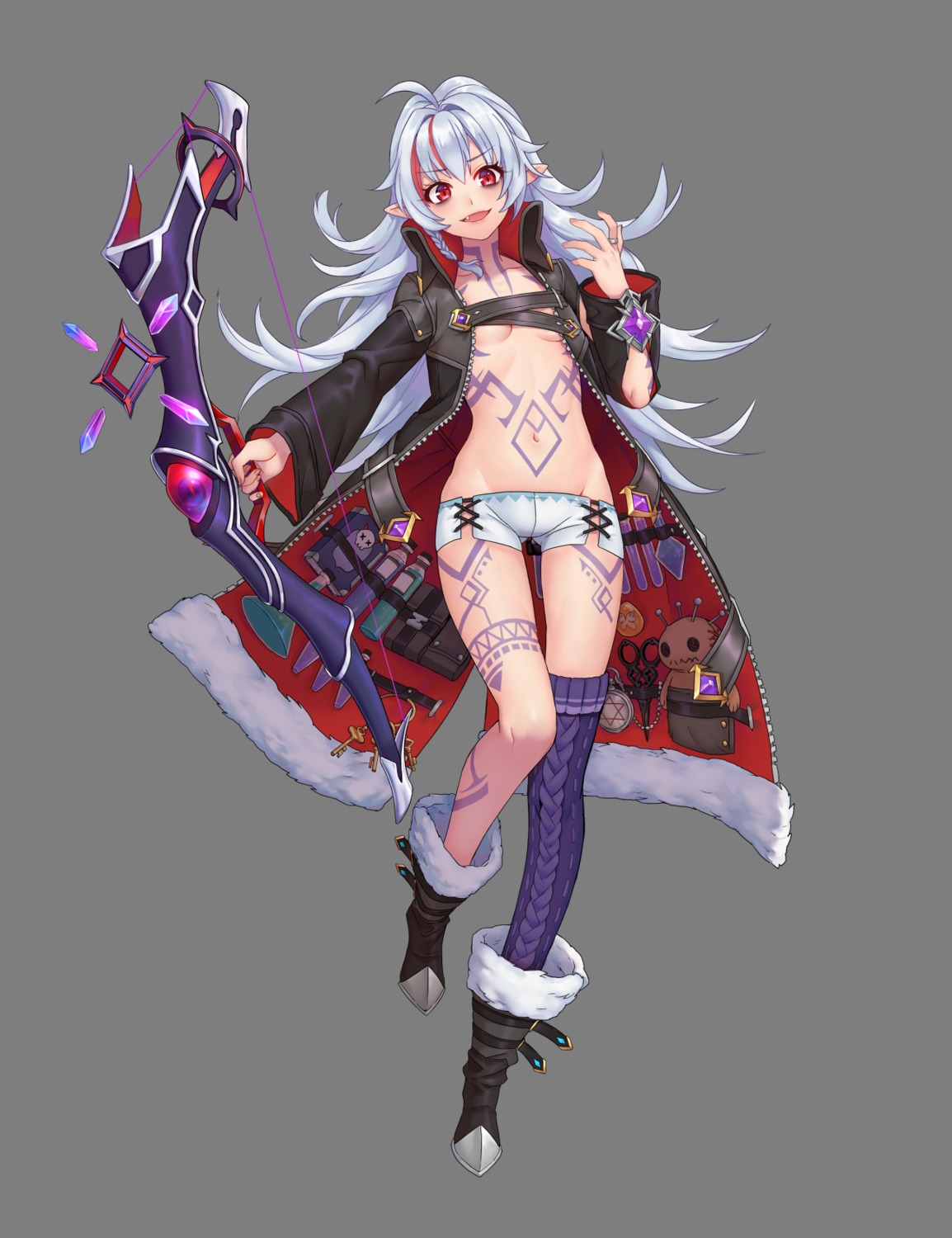 lunapri, no_bra, open_shirt, pointy_ears, tagme, tattoo, thighhighs, transparent_png, weapon
