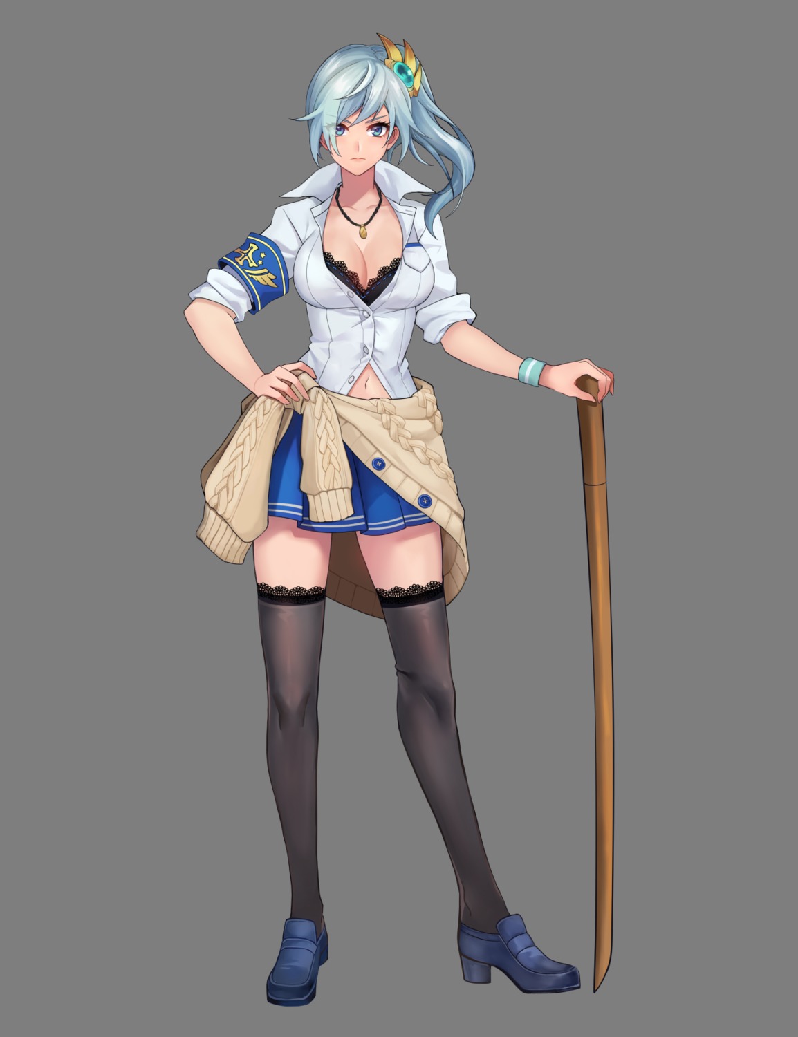 bra, cleavage, heels, lunapri, open_shirt, seifuku, sweater, sword