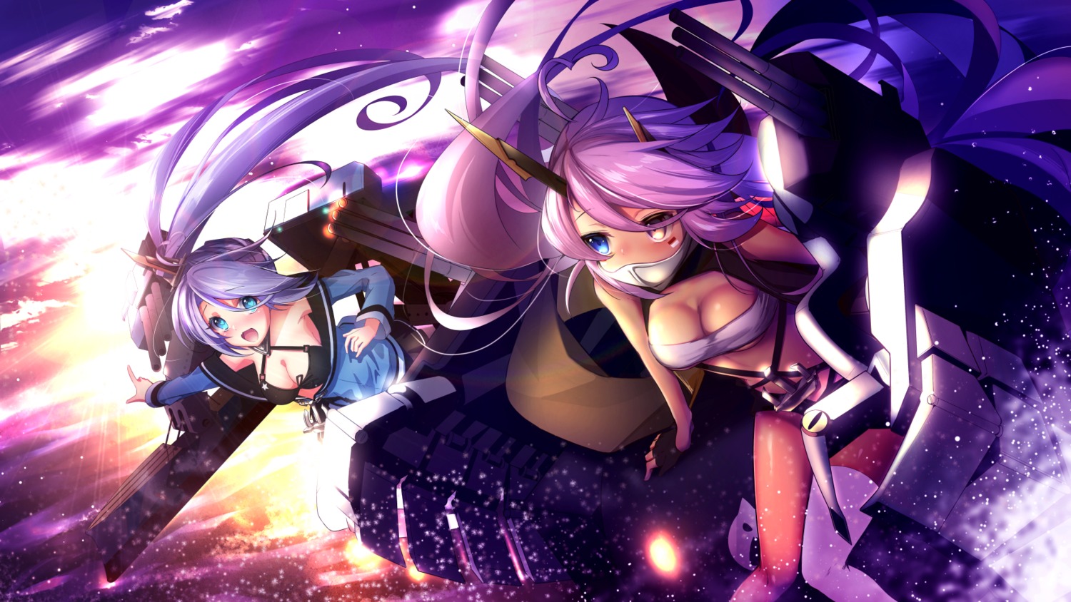 azur_lane, bikini_top, cleavage, gun, heterochromia, indianapolis_(azur_lane), ittokyu, open_shirt, portland_(azur_lane), swimsuits, thighhighs