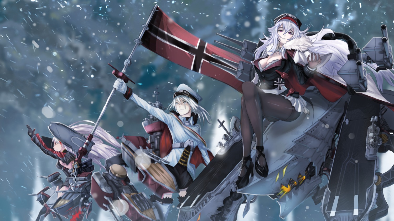 azur_lane, cleavage, graf_zeppelin_(azur_lane), gun, heels, kuroi_enpitsu, pantyhose, prinz_eugen_(azur_lane), thighhighs, tirpitz_(azur_lane), uniform, wallpaper