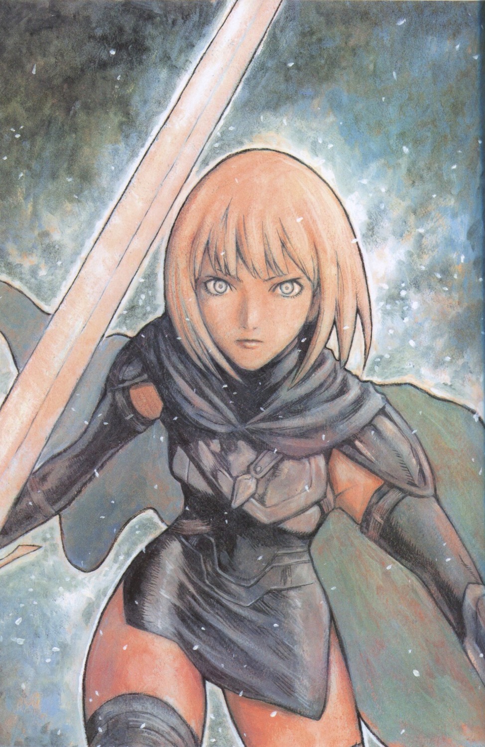 armor, binding_discoloration, clare_(claymore), claymore, sword, thighhighs, yagi_norihiro