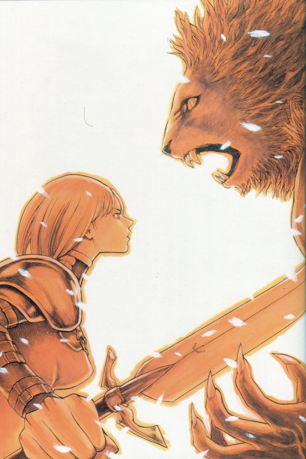 armor, binding_discoloration, clare_(claymore), claymore, monster, rigaldo_(claymore), sword, yagi_norihiro