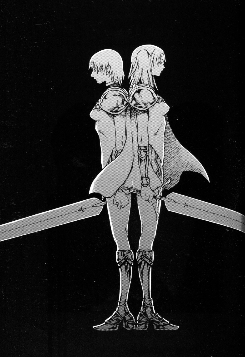 armor, binding_discoloration, claymore, heels, monochrome, sword, yagi_norihiro