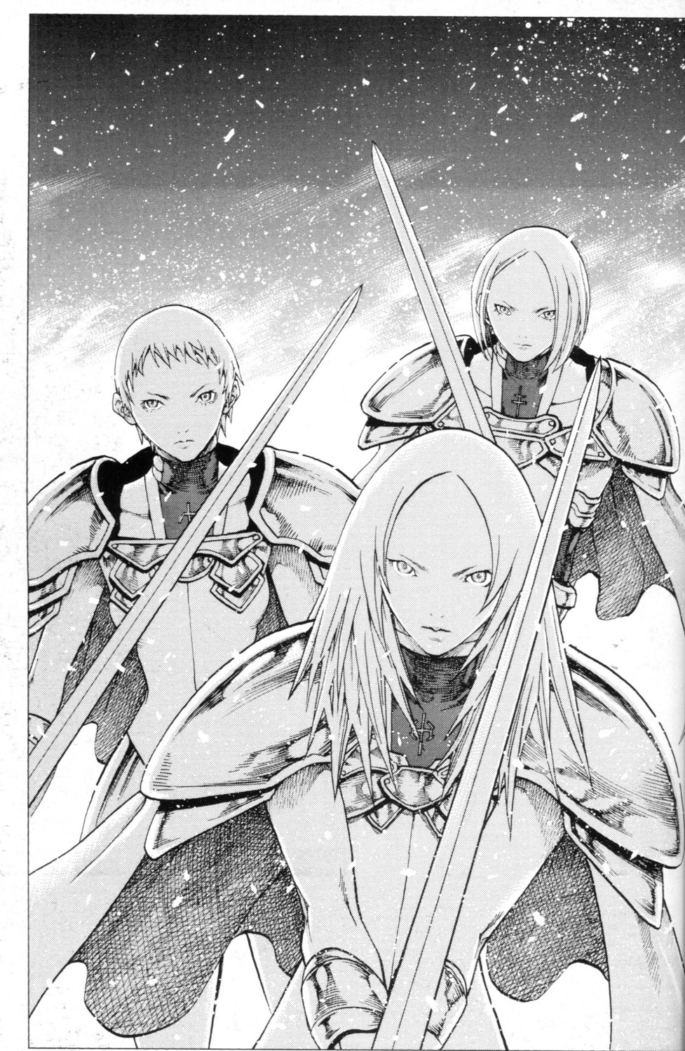 armor, binding_discoloration, claymore, cropme, monochrome, sword, yagi_norihiro