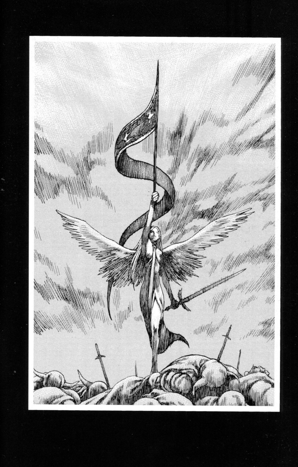 claymore, dress, monochrome, sword, wings, yagi_norihiro
