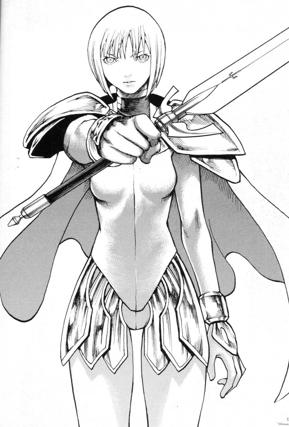 armor, binding_discoloration, claymore, cropme, monochrome, sword, yagi_norihiro