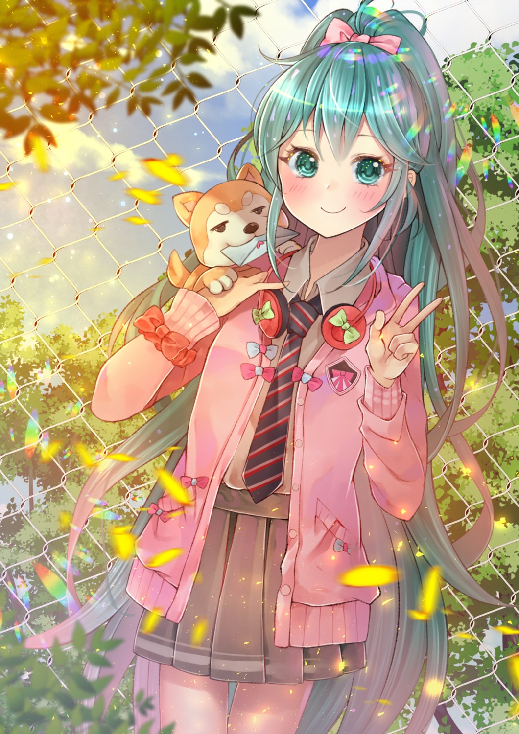 hatsune_miku, headphones, narami, seifuku, sweater, vocaloid