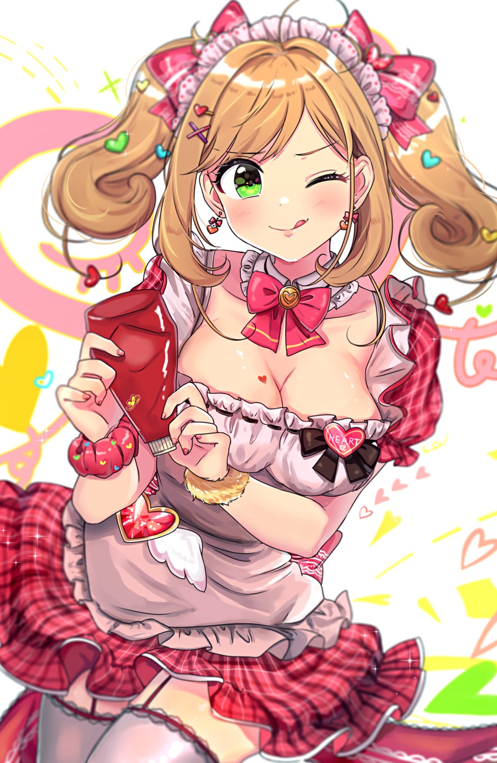 cleavage, maid, satou_shin, stockings, the_idolm@ster, the_idolm@ster_cinderella_girls, thighhighs, tomato_omurice_melon