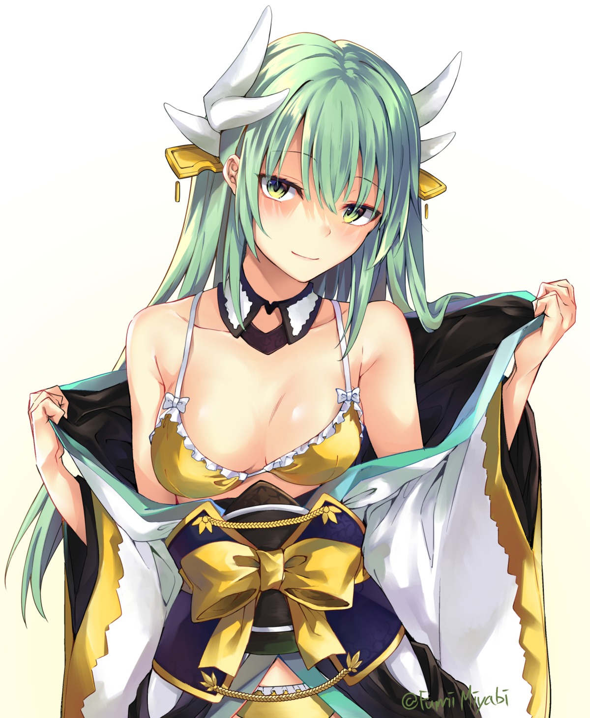 bikini, cleavage, fate/grand_order, horns, jacob_dream_world, japanese_clothes, kiyohime_(fate), open_shirt, swimsuits, undressing