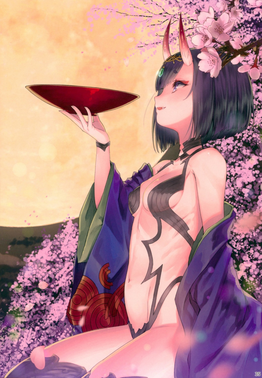 cleavage, fate/grand_order, horns, japanese_clothes, kamikire_basami, no_bra, open_shirt, pantsu