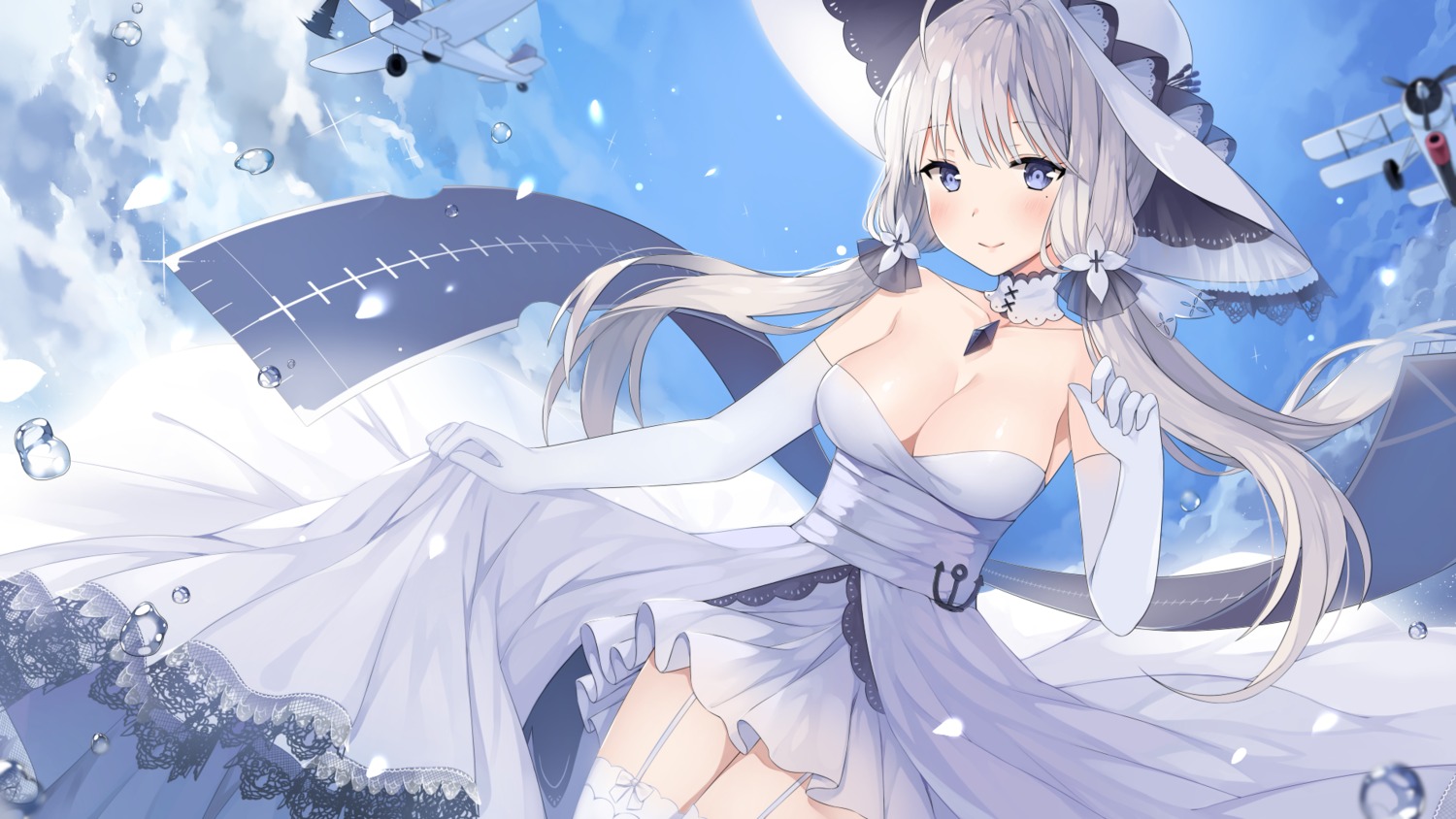 azur_lane, canape, cleavage, dress, illustrious_(azur_lane), skirt_lift, stockings, thighhighs, wet