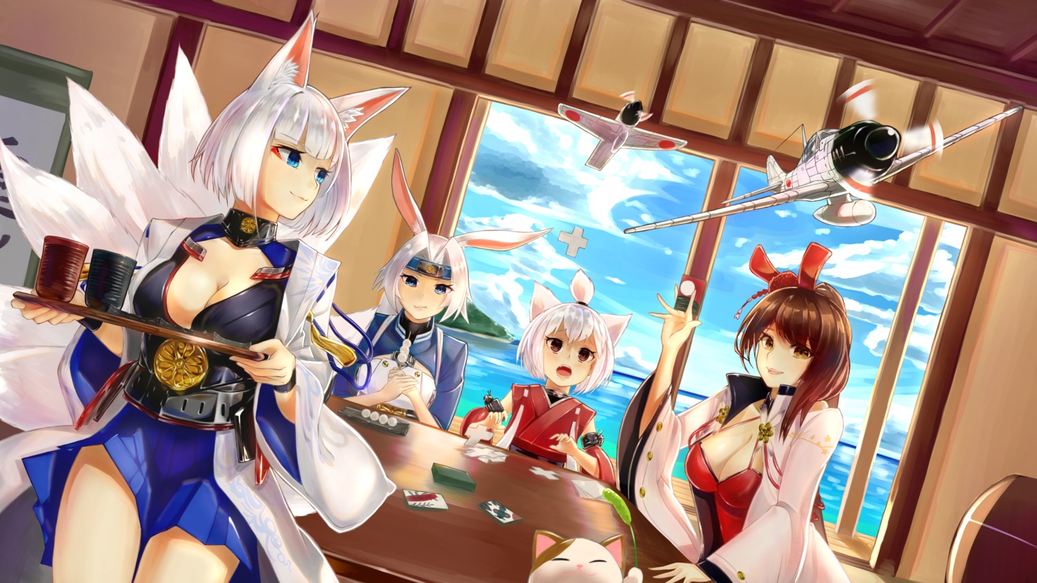 animal_ears, azur_lane, bunny_ears, cleavage, hiryuu_(azur_lane), japanese_clothes, kaga_(azur_lane), kitsune
