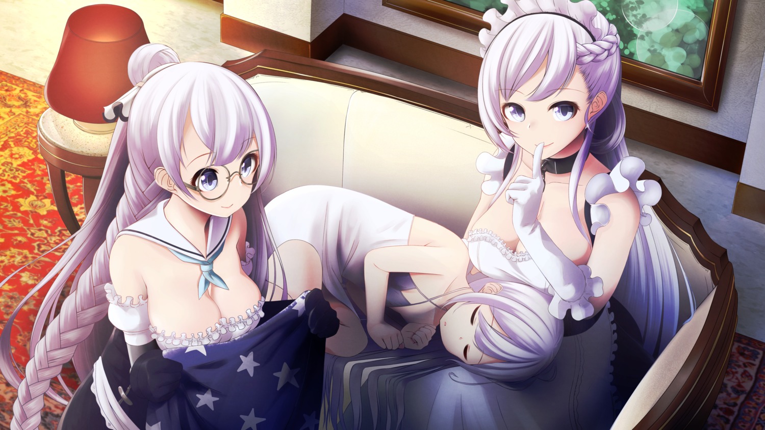 azur_lane, belfast_(azur_lane), cleavage, dress, edinburgh_(azur_lane), maid, megane, nekobaka