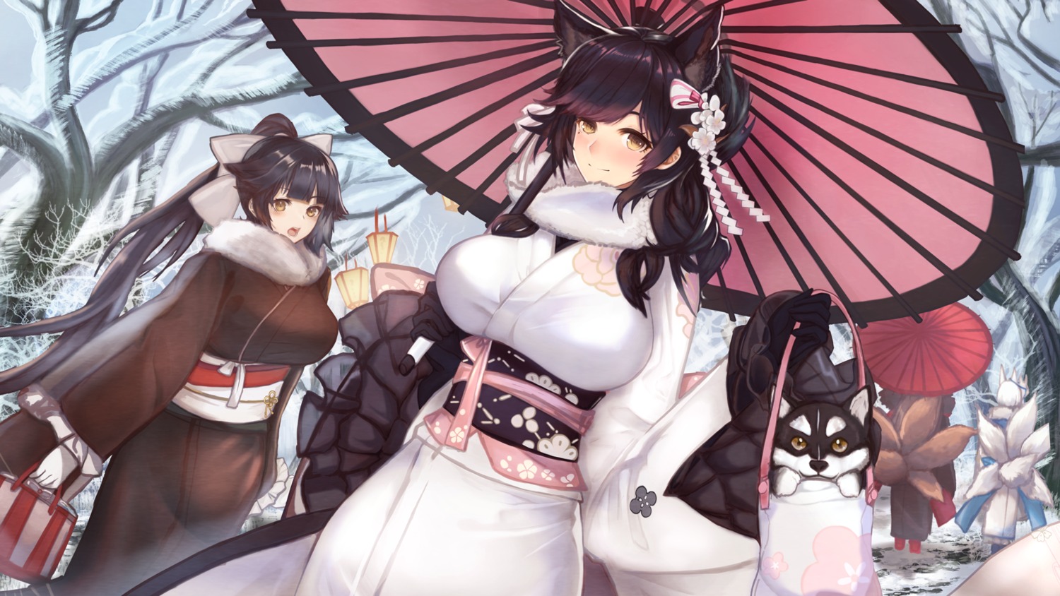 akagi_(azur_lane), animal_ears, asagik23, atago_(azur_lane), azur_lane, kaga_(azur_lane), kimono, tail, takao_(azur_lane), umbrella