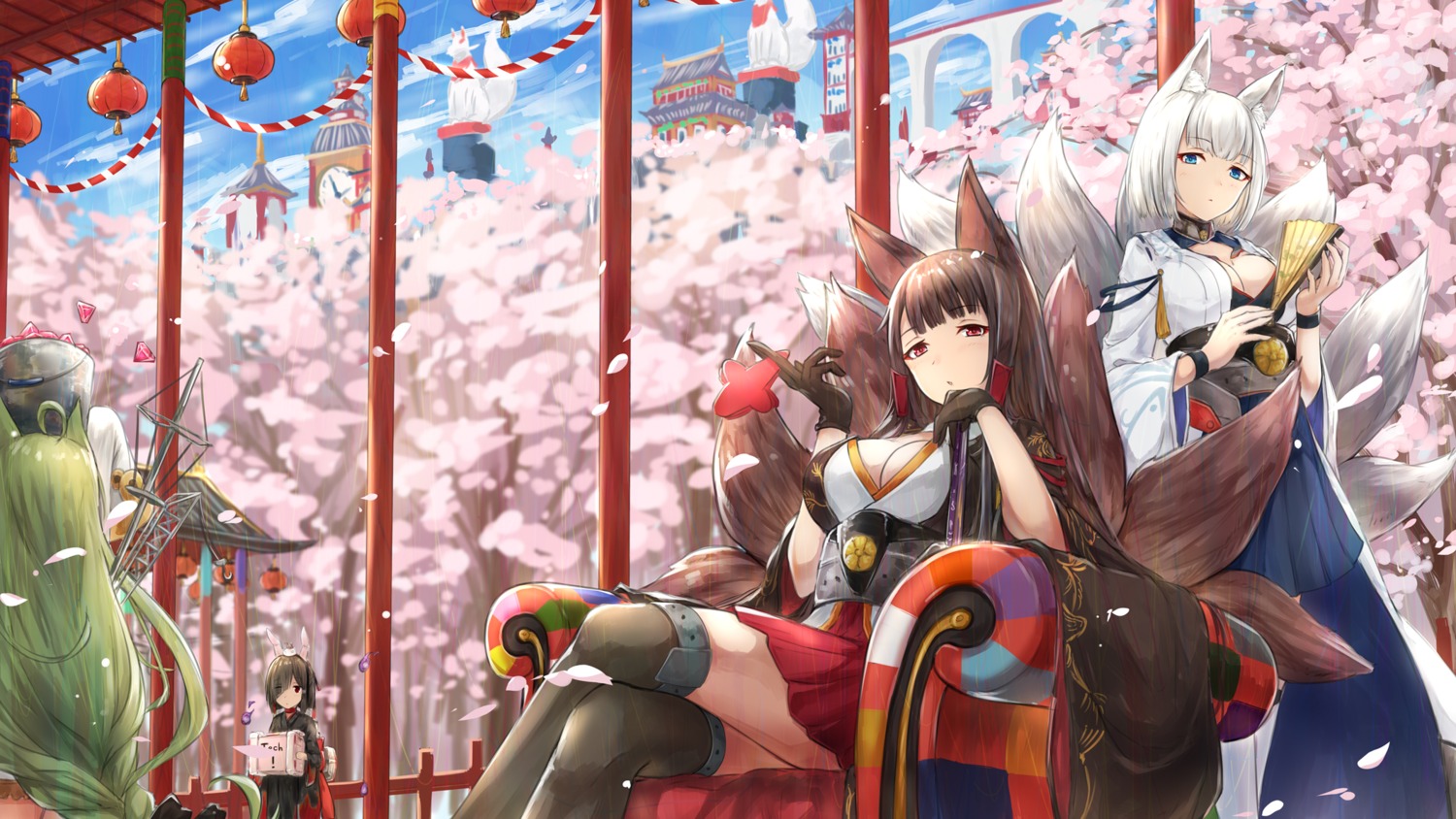 akagi_(azur_lane), akashi_(azur_lane), animal_ears, azur_lane, cleavage, gohei_(aoi_yuugure), japanese_clothes, kaga_(azur_lane), shiranui_(azur_lane), tail, thighhighs