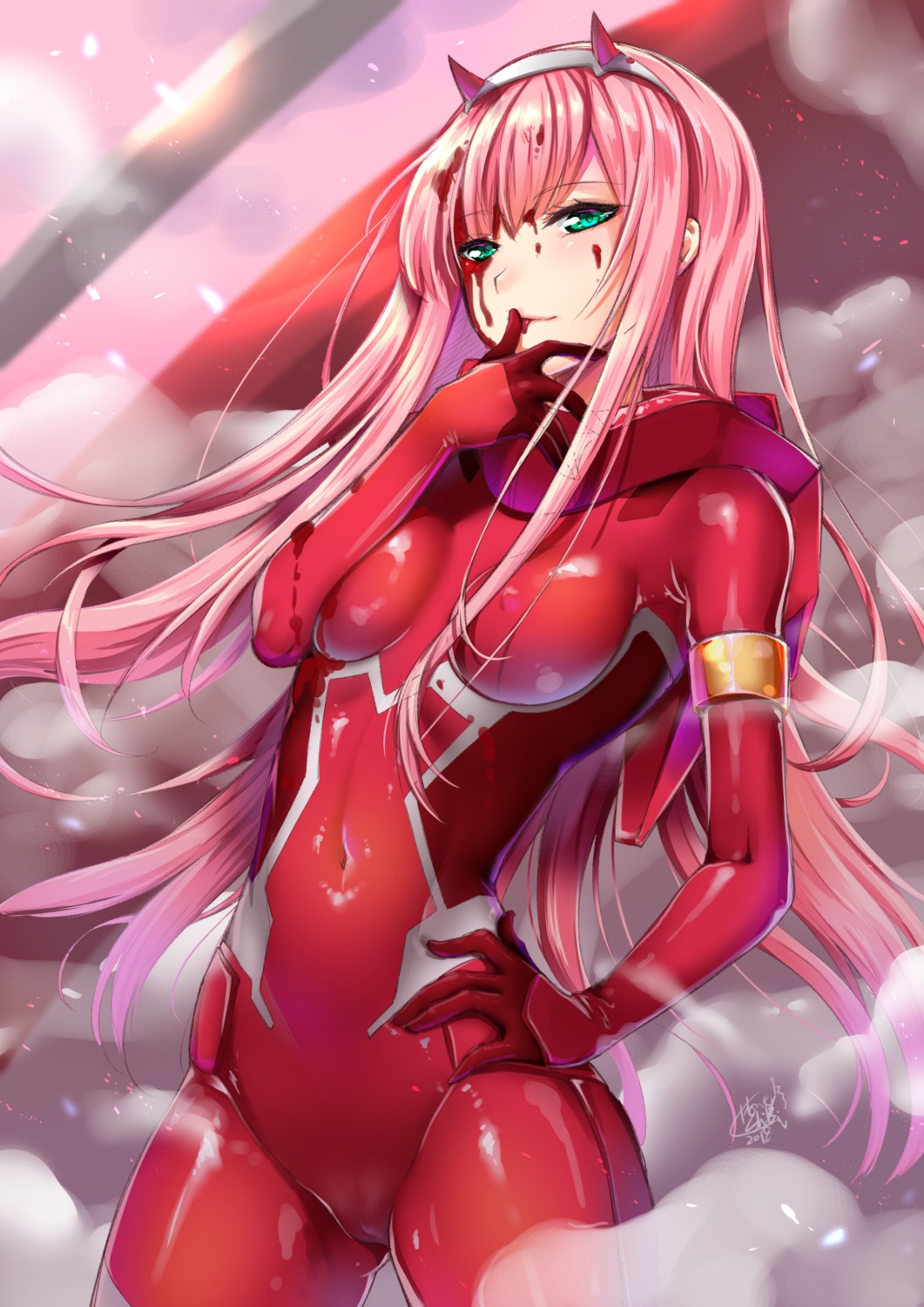 blood, bodysuit, darling_in_the_franxx, horns, shibi, zero_two_(darling_in_the_franxx)