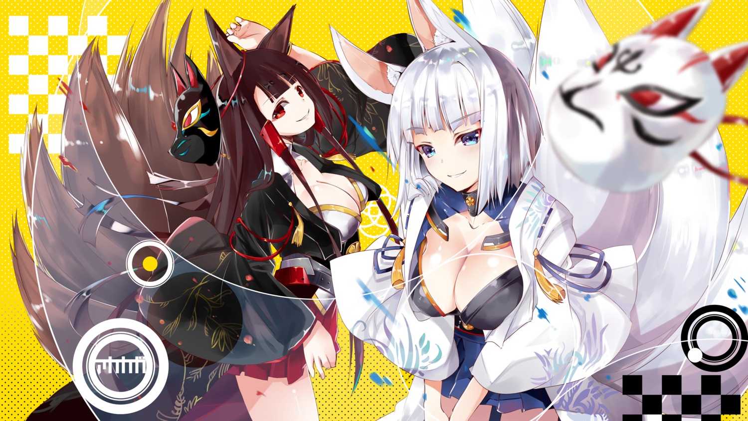 akagi_(azur_lane), animal_ears, azur_lane, cleavage, itotin, japanese_clothes, kaga_(azur_lane), kitsune, tail