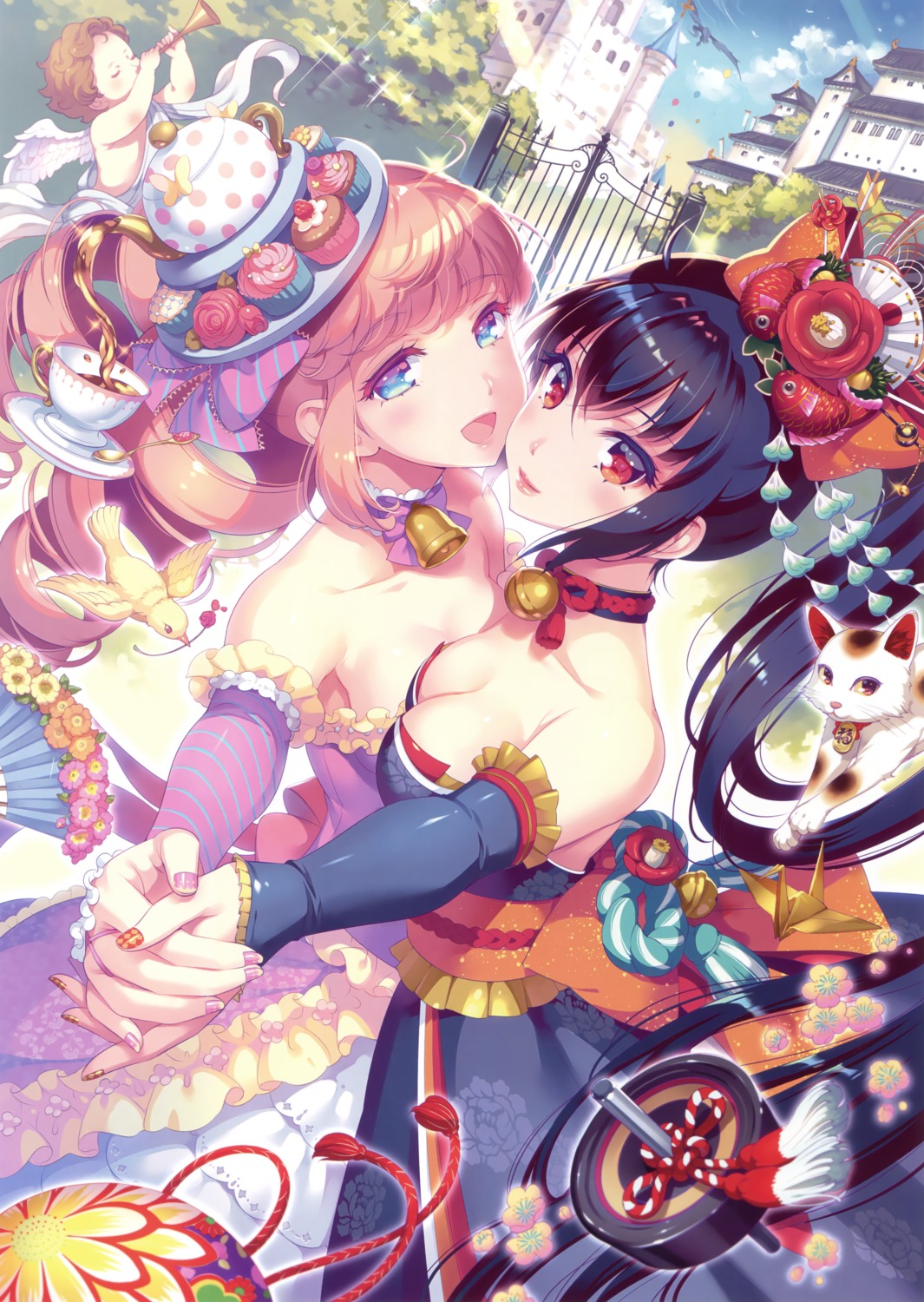 cleavage, dress, erimo, japanese_clothes, neko, wings