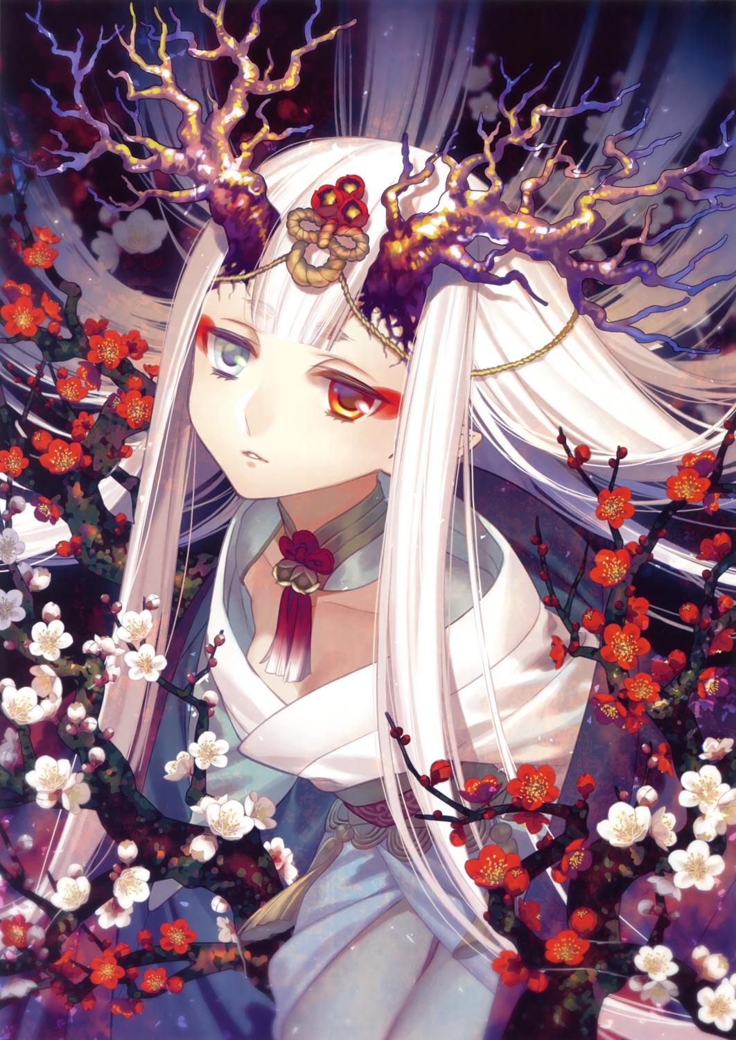 cleavage, heterochromia, horns, kazuki_yone, kimono