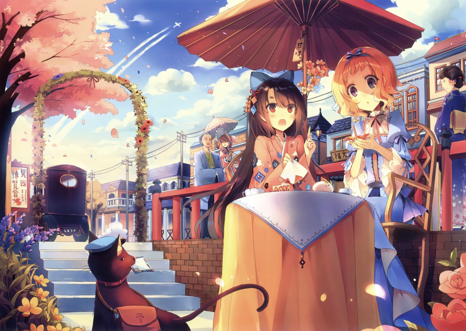 heterochromia, japanese_clothes, kirero, neko, umbrella, yukata