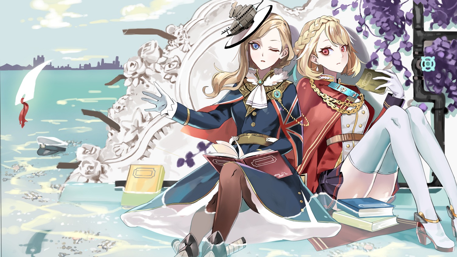 azur_lane, heels, hood_(azur_lane), pantyhose, prince_of_wales_(azur_lane), ry-poipoi, tattoo, thighhighs, uniform, wet