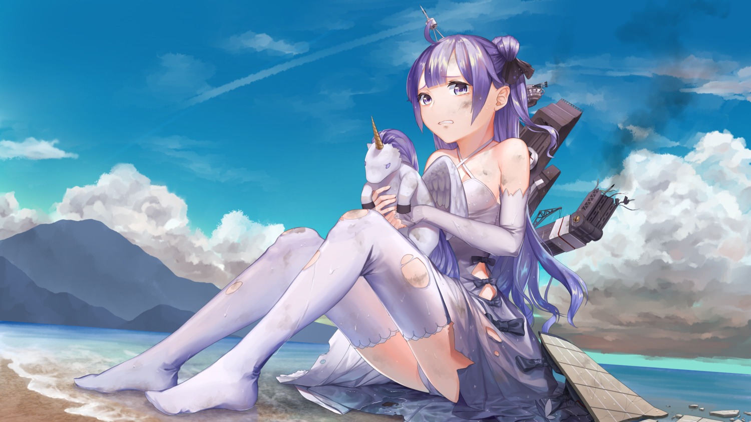 azur_lane, dress, feet, pantsu, shi_niao, thighhighs, torn_clothes, unicorn_(azur_lane)