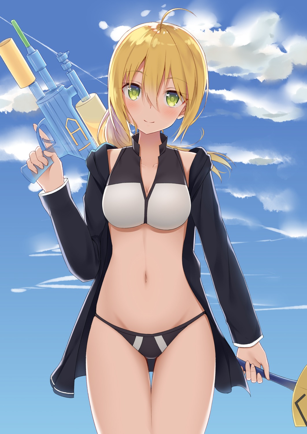 artoria_pendragon_(fate), bikini, cleavage, fate/grand_order, gun, open_shirt, swimsuits, sword