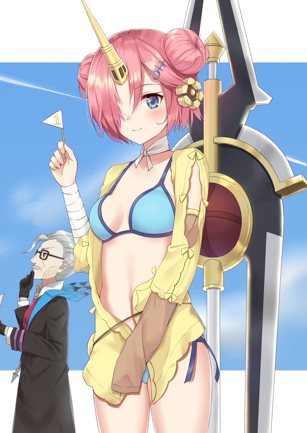 bikini, cleavage, fate/grand_order, frankenstein's_monster_(fate), horns, james_moriarty_(fate), megane, open_shirt