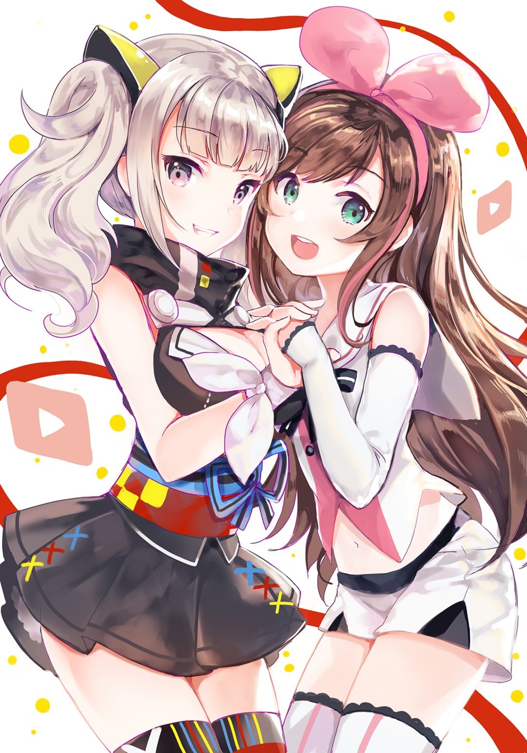 cleavage, crossover, kaguya_luna, kizuna_ai, kizuna_ai_inc., sibyl, the_moon_studio, thighhighs