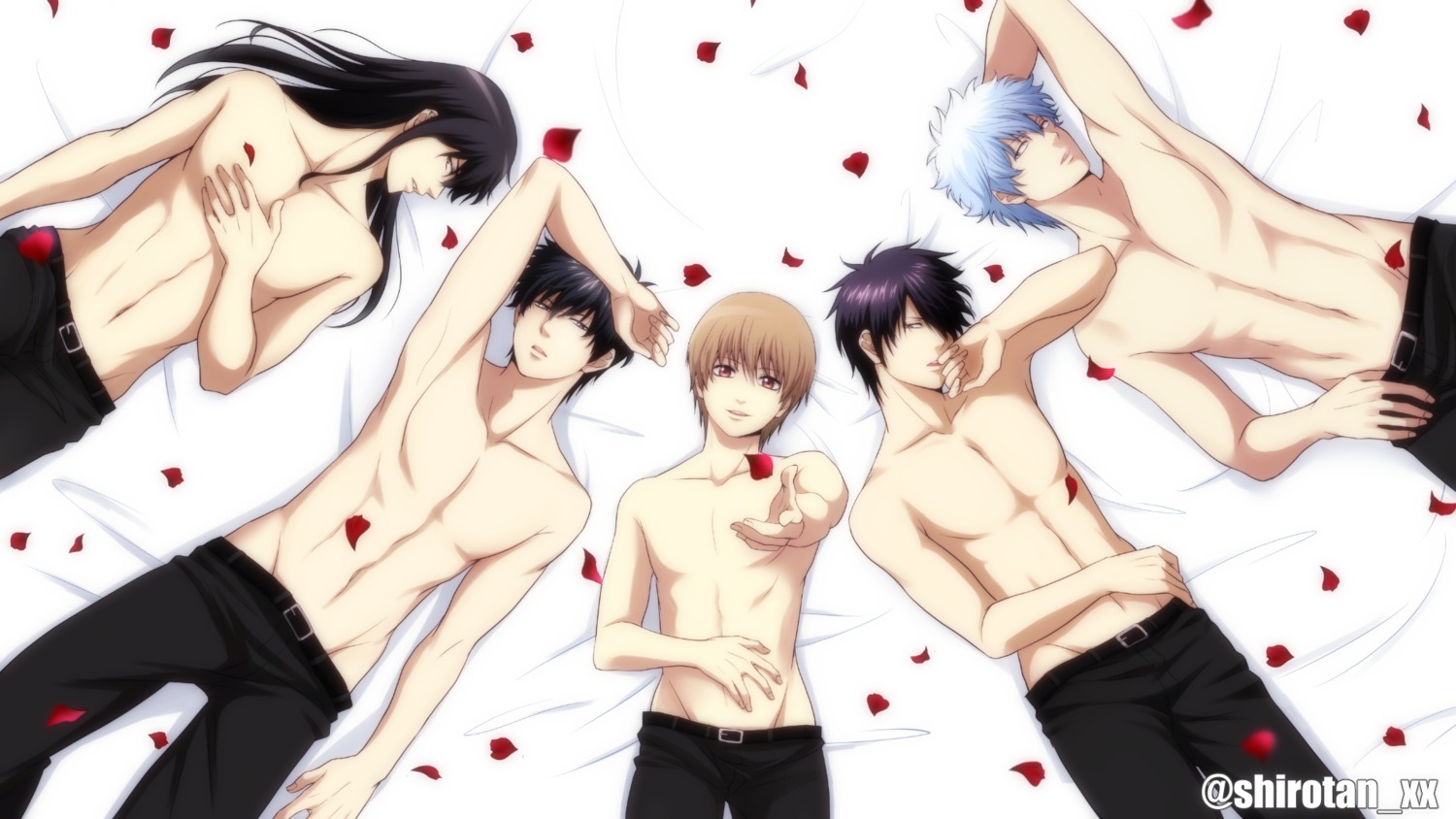 gintama, hijikata_toushirou, katsura_kotarou, male, official_watermark, okita_sougo, sakata_gintoki, shiroyasha_(artist)
