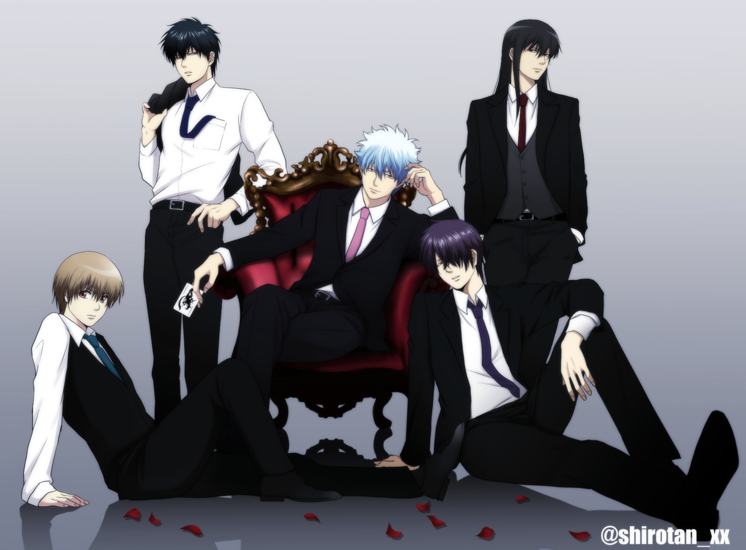 business_suit, gintama, hijikata_toushirou, katsura_kotarou, male, official_watermark, okita_sougo, sakata_gintoki, shiroyasha_(artist), takasugi_shinsuke