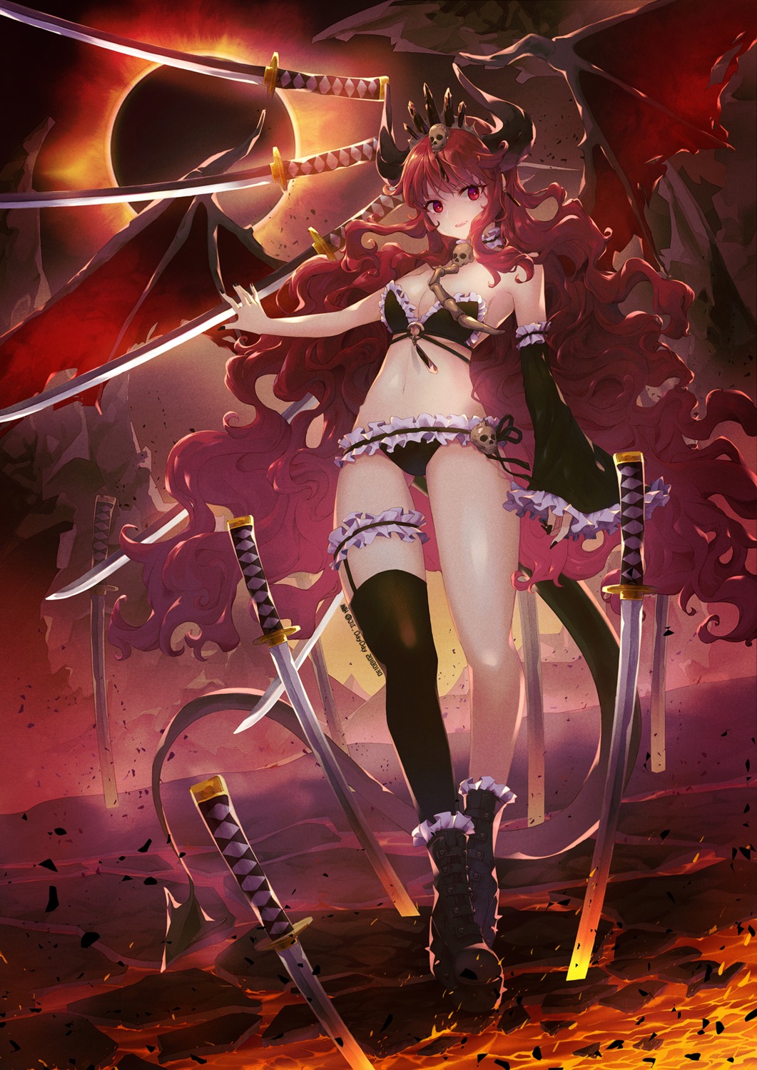 bikini, cleavage, garter, horns, jii_dayday, stockings, swimsuits, sword, tail, thighhighs, wings