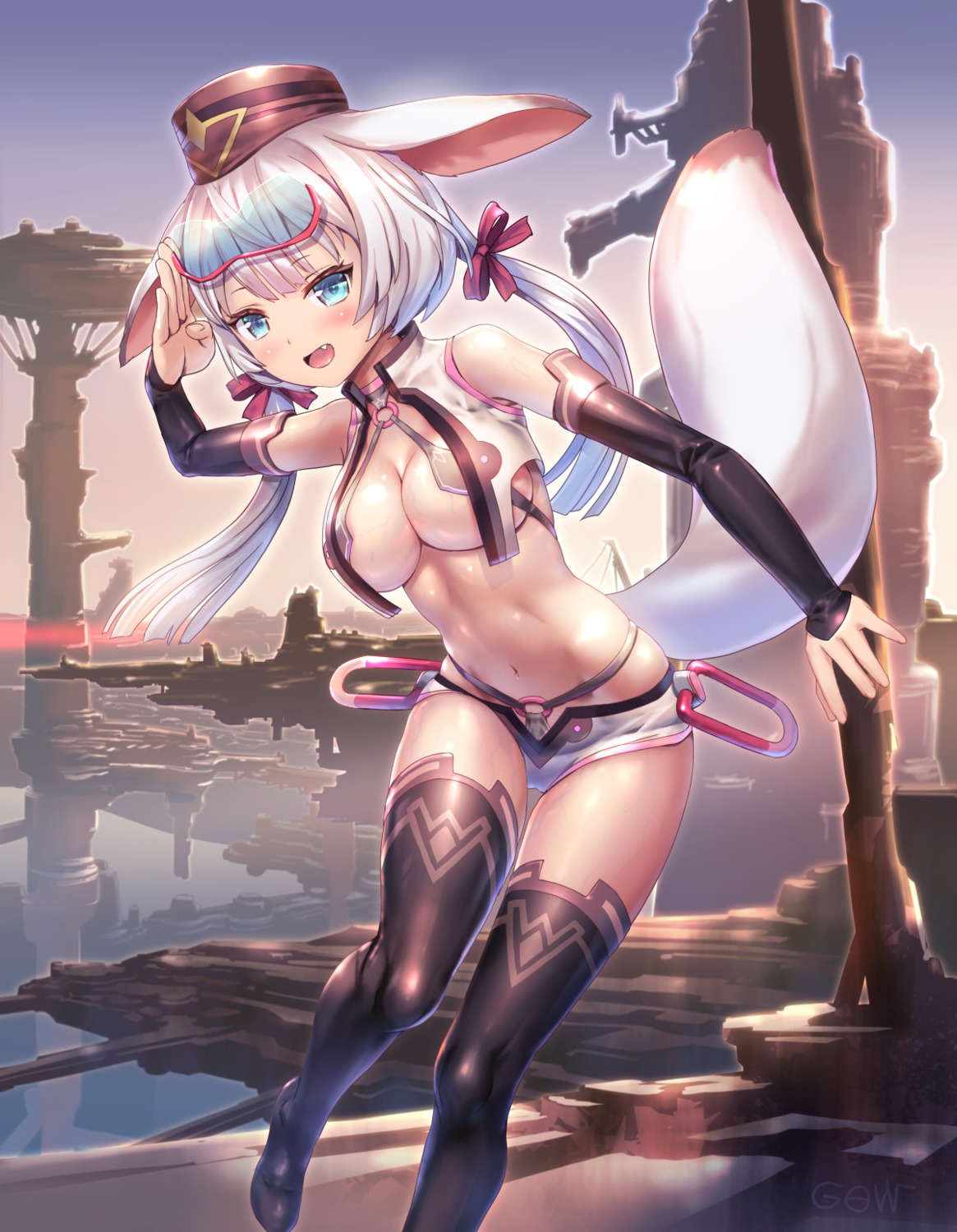 animal_ears, bikini_armor, open_shirt, tail, thighhighs, tougetsu_gou