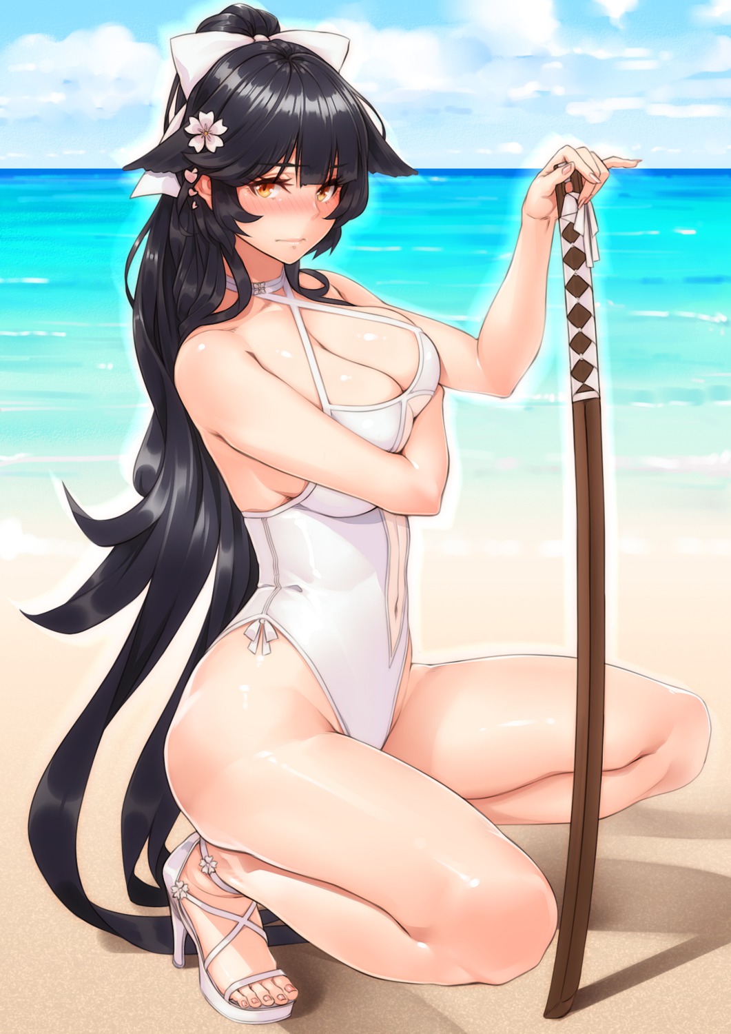animal_ears, azur_lane, breast_hold, cleavage, heels, ogin_bara, swimsuits, sword, takao_(azur_lane)