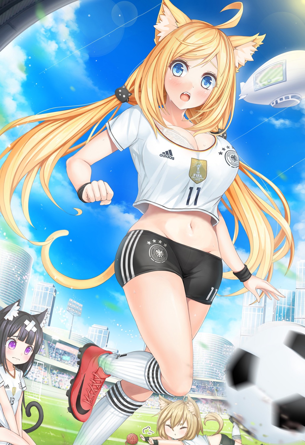animal_ears, bandaid, bra, cleavage, gym_uniform, nekomimi, soccer, sunimu