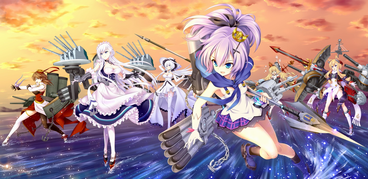 azur_lane, belfast_(azur_lane), cleavage, dress, exeter_(azur_lane), hijikawa_arashi, illustrious_(azur_lane), javelin_(azur_lane), maid, queen_elizabeth_(azur_lane), stockings, thighhighs, warspite_(azur_lane), weapon