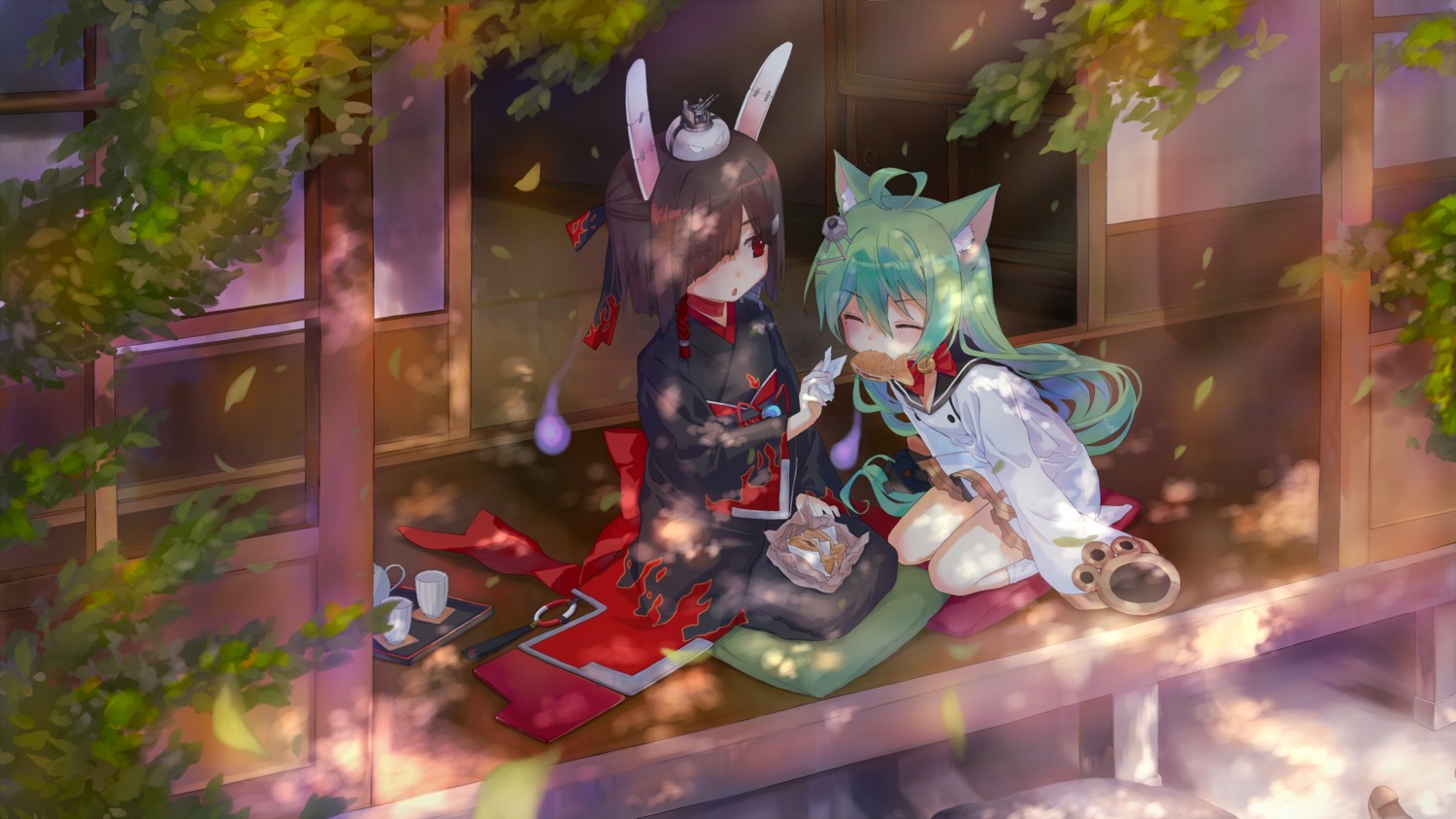 akashi_(azur_lane), animal_ears, azur_lane, bunny_ears, kimono, mirin_boshi, seifuku, shiranui_(azur_lane)