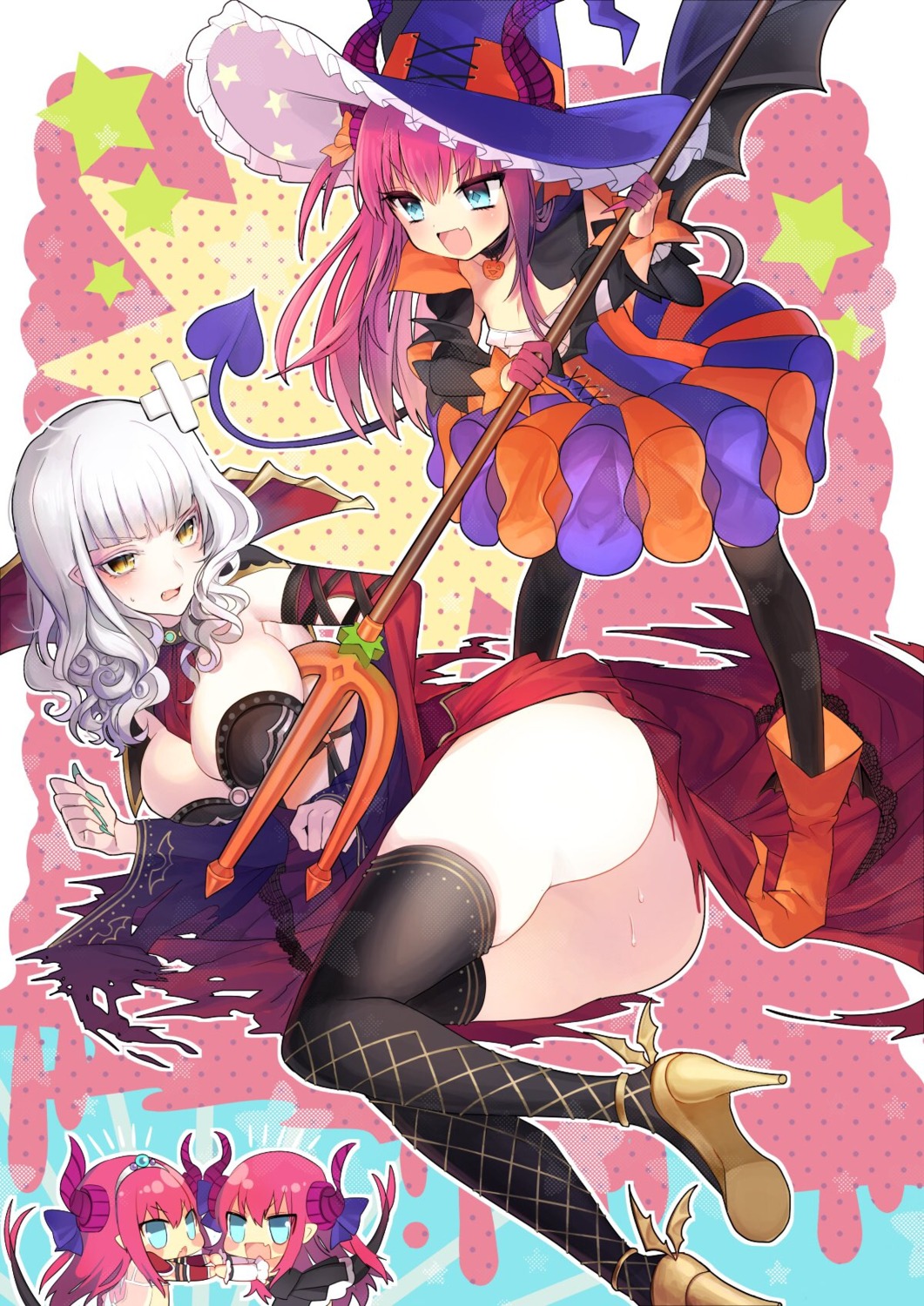 ass, carmilla_(fate/grand_order), chibi, elizabeth_bathory, fate/grand_order, horns, kirie, tail, thighhighs, wings