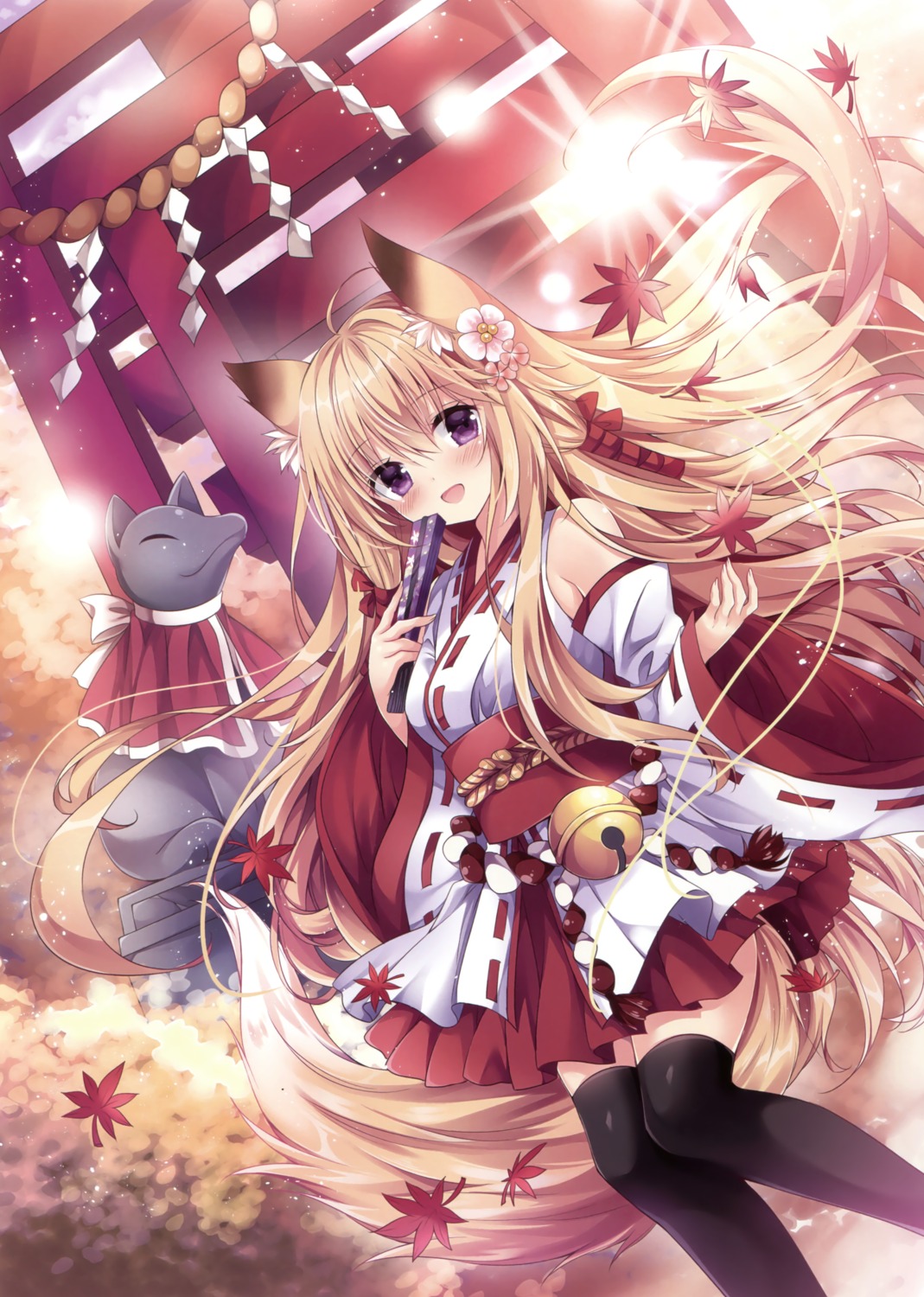 animal_ears, kitsune, miko, nogi_takayoshi, tail, thighhighs